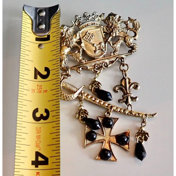 Edwardian Coat of Arms Hanging Fluer de Lei Sward Jet Cross Bead Brooch C Catch - Picture 8 of 12
